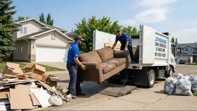 Junk removal Lethbridge AB loading an old couch and debris.