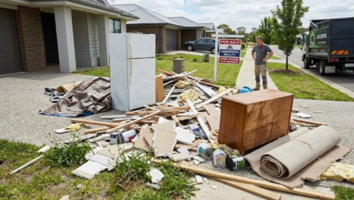 A large pile of renovation debris, a refrigerator, an old dresser, and rolled carpet on a suburban driveway next to a "For Sale" sign, with a junk and trash removal Lethbridge truck parked on the street.